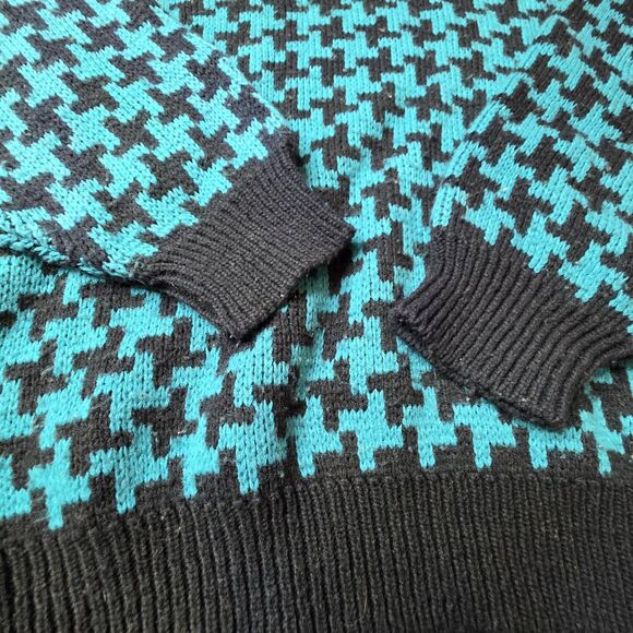 Vintage 90's 80's Houndstooth Checkered Sweater Size Large Black Teal Retro - Picture 2 of 7
